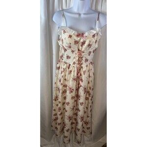 Women’s Floral Lace Up Patchwork Multicolor A-line Midi Dress Size 6 Victorian